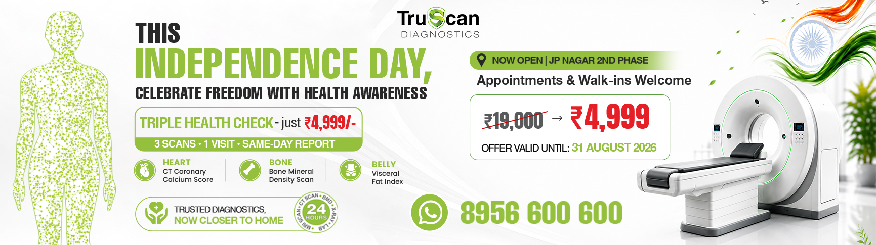 TruScan Diagnostics Independence Day Triple Health Check offer at JP Nagar 2nd Phase — Rs 4999