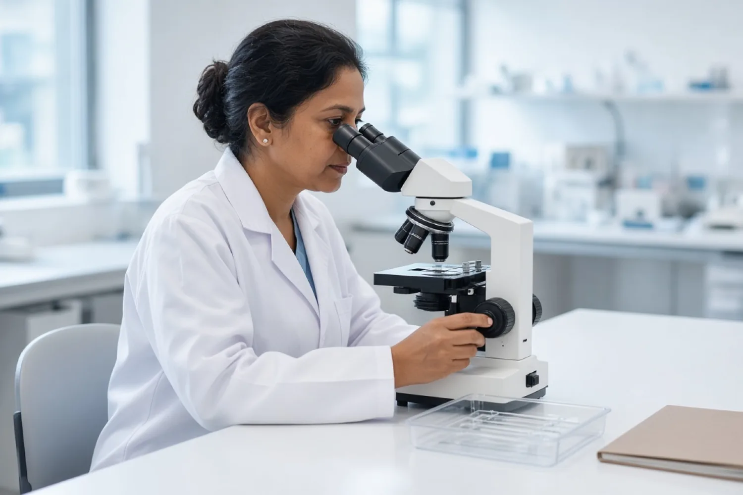Pathologist examining a slide under a microscope in a laboratory