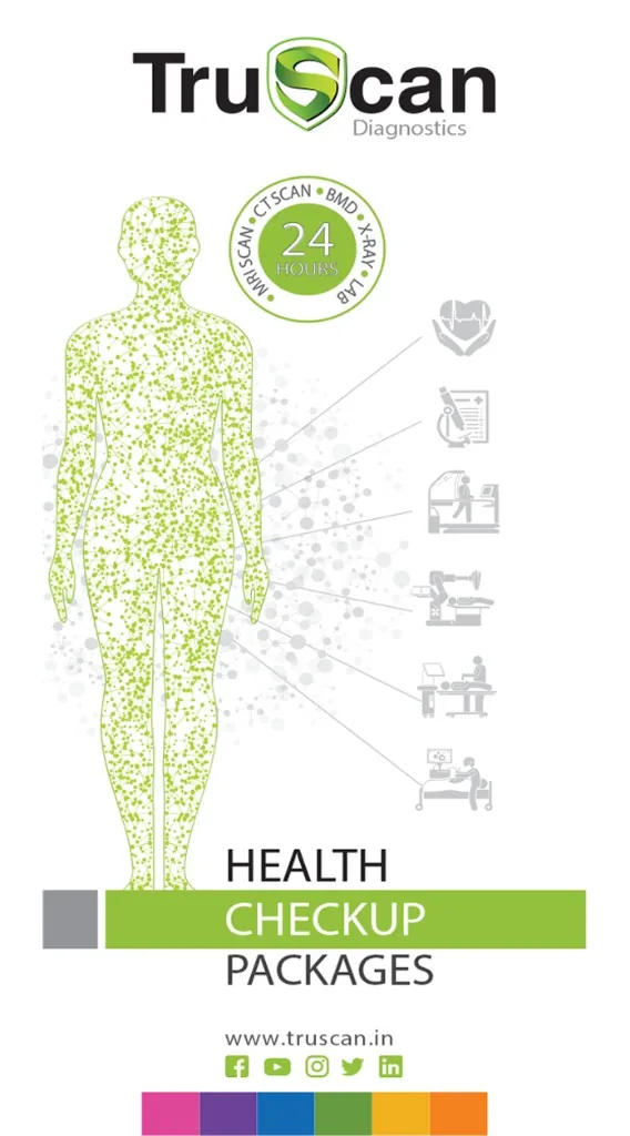 Open the TruScan health checkup packages book — MRI, CT, BMD, X-ray and lab, open 24 hours